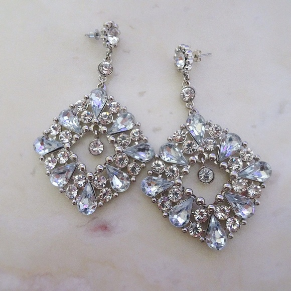 Big Clear & Pale Silvery Blue Jewel Glitzy Glam Pageant Post Statement Earrings - Picture 10 of 13